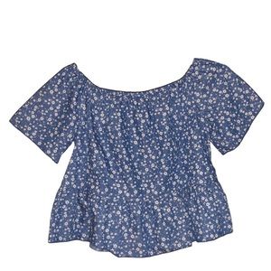 Blue w/ white flowers, off the shoulder, regular blouse, S, See you Monday, ⭐️🌼